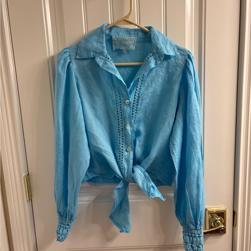 Temptation Positano Light Blue Linen Crop Tie Blouse Women's S Openwork